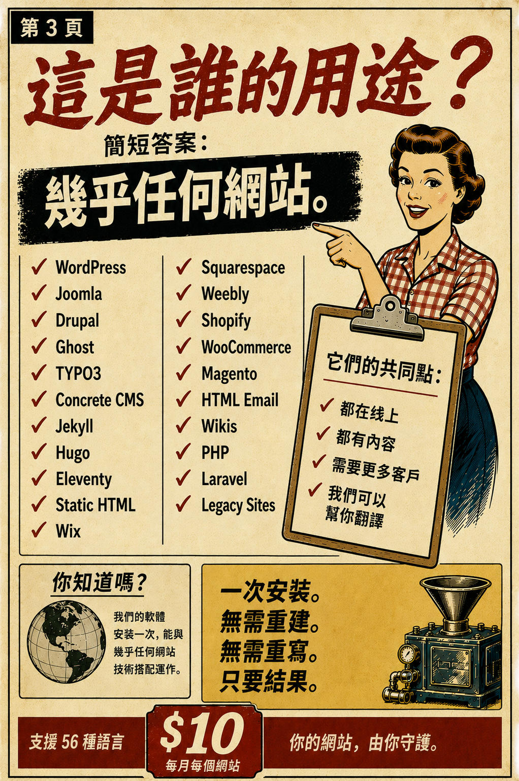 這是為誰準備的？幾乎任何網站&mdash;&mdash;WordPress、Shopify、Wix、Drupal 等等。一次安裝，無需重建，56 種語言，每個網站每月 $10